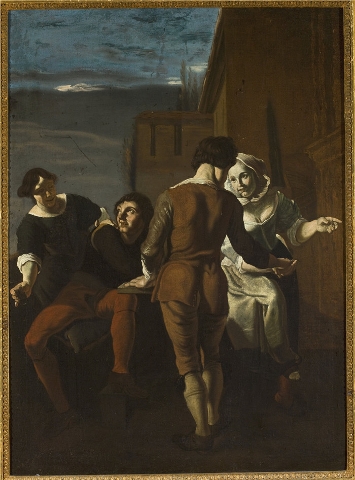 《两对夫妇在一栋楼前》雅各布·奥克特维尔特（Jacob Ochtervelt）画作-Two Couples in front of a Building -