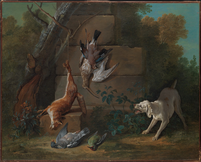 《狗守护死亡游戏》让-巴蒂斯特·欧德瑞(Jean-Baptiste Oudry )画作-Dog Guarding Dead Game