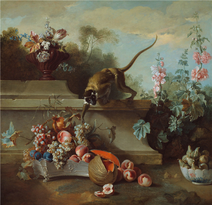 《猴子、水果和花朵静物画》让-巴蒂斯特·欧德瑞（Jean-Baptiste Oudry ）画作-Still Life with Monkey, Fruits, and Flowers