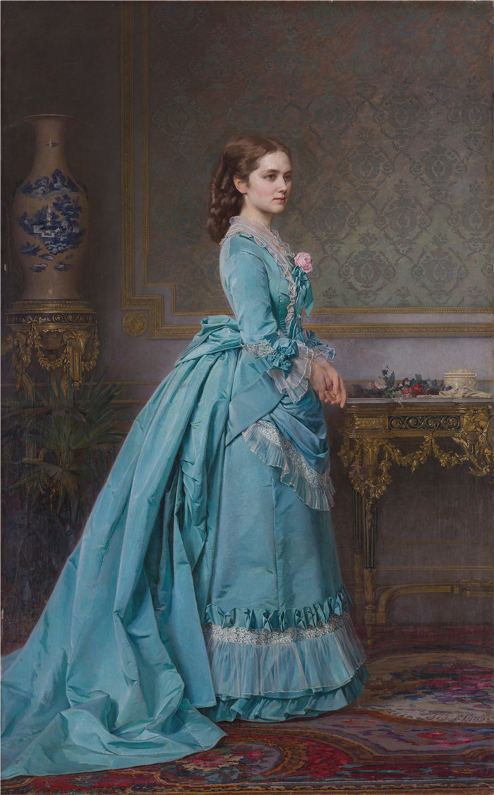 卡尔·洪斯（Carl Huns）的画作-穿蓝衣的女士肖像Portrait of a Lady in Blue