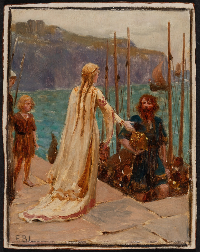 《维京人劫掠队伍的回归》埃德蒙·布莱尔·莱顿（Edmund Blair Leighton）高清作品-Return of the Viking raiding party (study)
