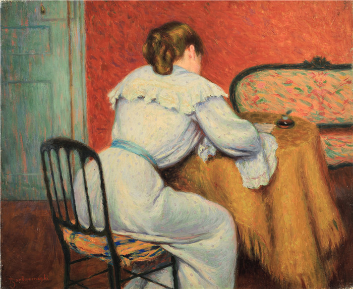 《写信的女子》费德里科·赞多梅内吉（Federico Zandomeneghi）的画作-Woman writing (1894),