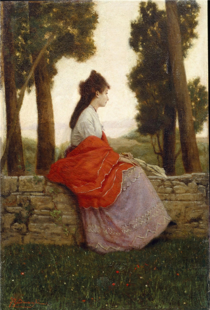 《公园里的女士》费德里科·赞多梅内吉（Federico Zandomeneghi）的画作-Lady in the park (c.1870),