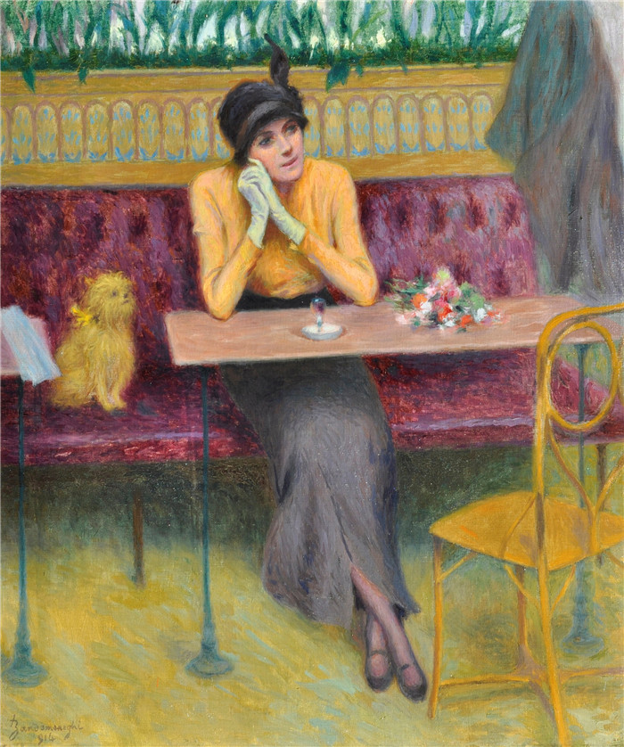 《在咖啡馆》费德里科·赞多梅内吉（Federico Zandomeneghi）的画作-At the Café (1914),