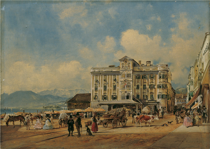 《格蒙登市政厅》鲁道夫·冯·阿尔特(Rudolf von Alt)画作-Das Rathaus in Gmunden