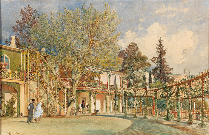 《巴赫奇萨雷汗宫的主庭院》鲁道夫·冯·阿尔特（Rudolf von Alt）画作-Main Courtyard of the Khan’s Palace in Bakhchisaray