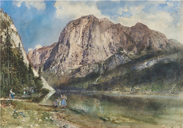 《湖和特里塞尔山》鲁道夫·冯·阿尔特(Rudolf von Alt)画作-Altaussee Lake and Face of Mount Trissel