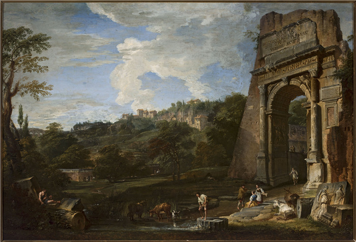 《提图斯拱门景观》乔瓦尼·保罗·潘尼尼（Giovanni Paolo Pannini）的画作-Landscape with the Arch of Titus