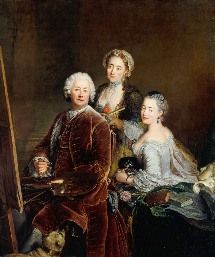 《与女儿自画像》安托万·佩斯内（Antoine Pesne）油画-Self-Portrait with Daughters - WGA17381