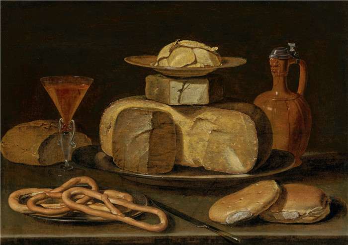 《白镴盘子上放着一堆奶酪》克拉拉·皮特斯（Clara Peeters）的画作-a stack of cheese on a pewter platter with butter on