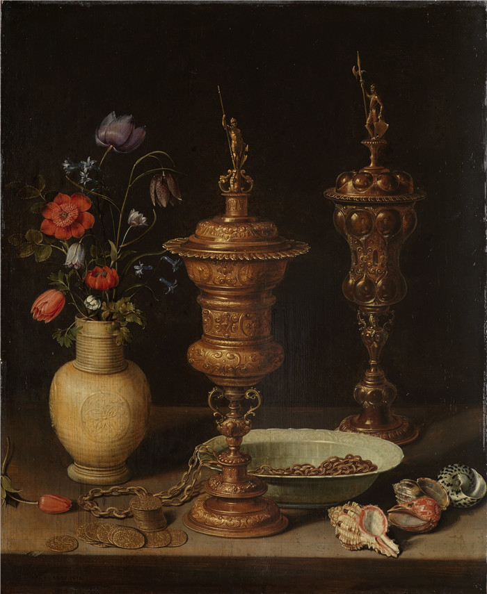 《鲜花与荣誉金杯》克拉拉·皮特斯（Clara Peeters）的画作-Still Life with Flowers and Gold Cups of Honour