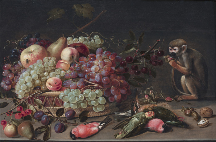 《一幅描绘水果、小鸟和猴子的静物画》克拉拉·皮特斯（Clara Peeters）的画作-Still life of fruit, birds and a monkey,