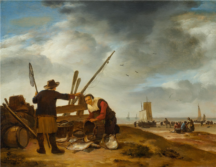 《菲舍尔河畔》埃格伯特·范德波尔（Egbert van der Poel）的画作-Fischer am Strand von Scheveningen 1653
