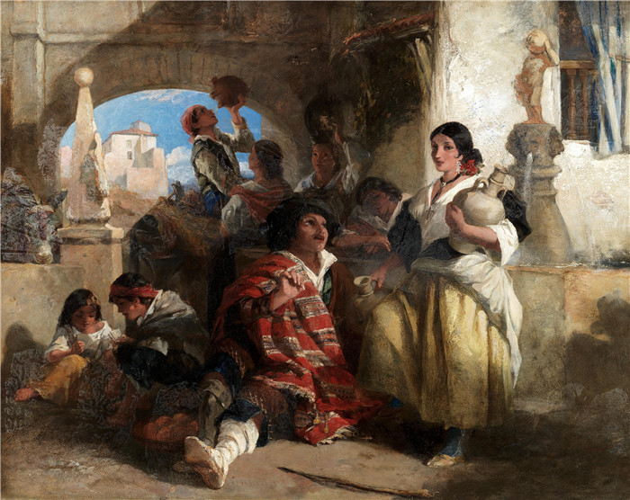 《井边的西班牙农民》约翰·菲利普（John Phillip）的画作-Spanish peasants at the well (1859)