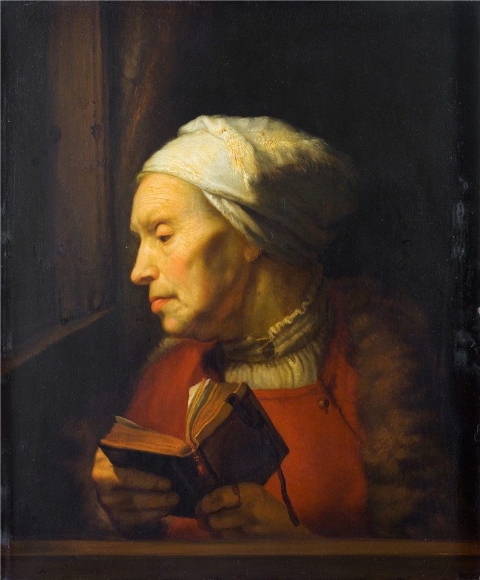 《老妇人拿着一本书》卡雷尔·范德普鲁伊姆（Karel van der Pluym）的画作-Old woman holding a book