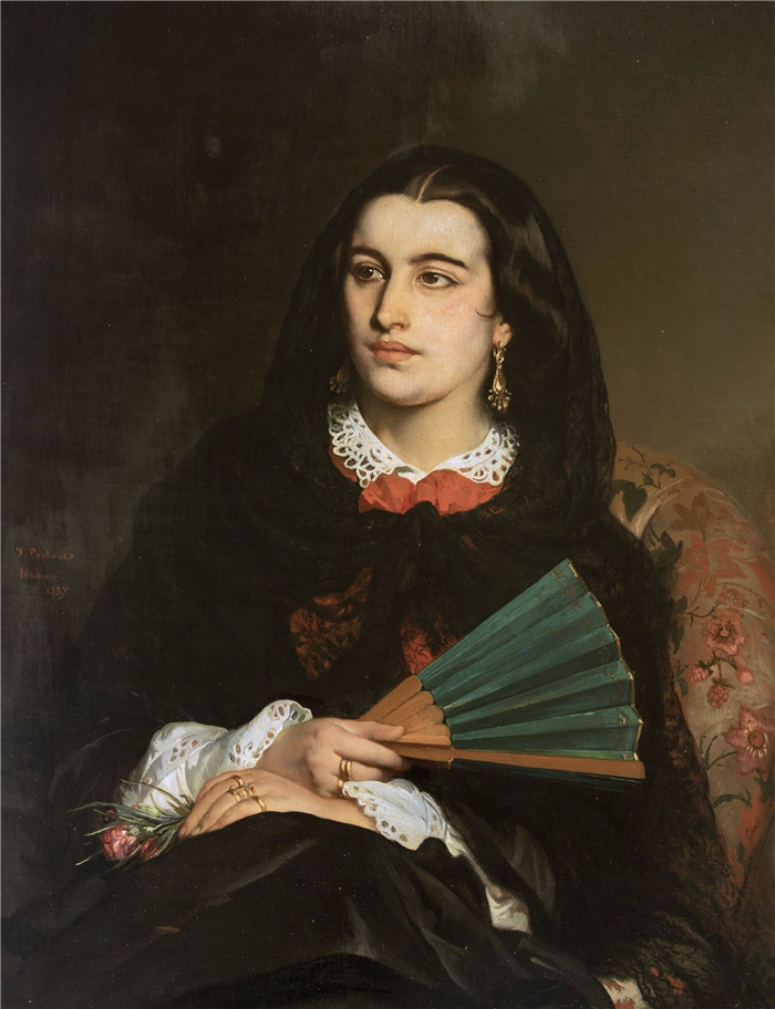 《一位米兰女士手持扇子》让-弗朗索瓦·波特尔（Jan - Francois Portaels）作品-Milanese lady with a fan, 1857