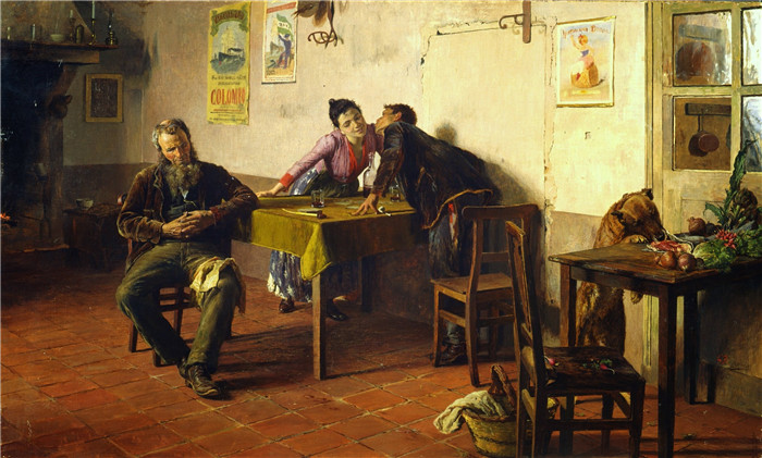 《机会造就小偷》乔瓦尼·巴蒂斯塔·夸德罗内 （Giovanni Battista Quadrone） 的画作-Opportunity makes the thief (1895)
