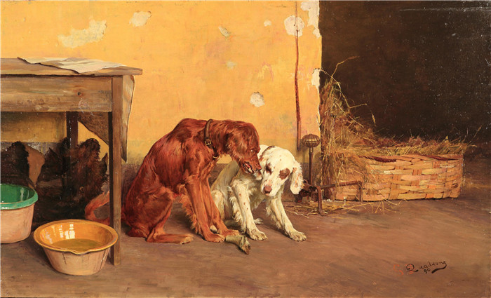 《为了一根骨头》乔瓦尼·巴蒂斯塔·夸德罗内 （Giovanni Battista Quadrone） 的画作-For a bone! (1890)