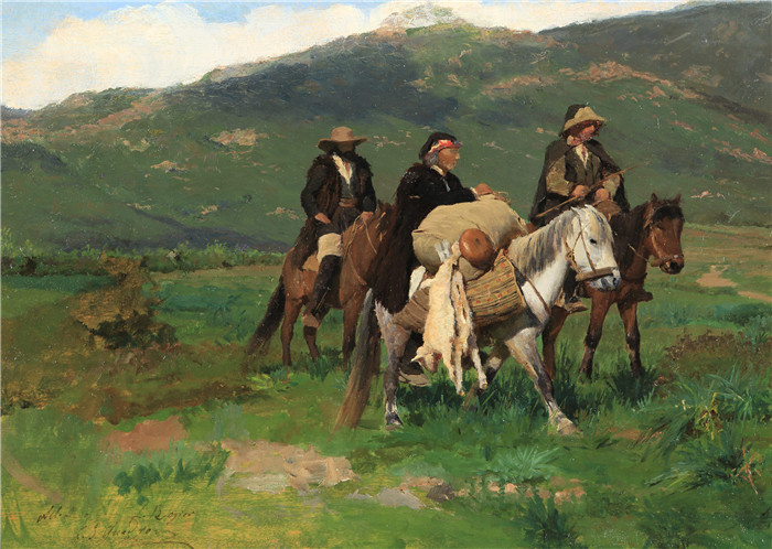 《撒丁岛猎人》乔瓦尼·巴蒂斯塔·夸德罗内 （Giovanni Battista Quadrone） 的画作-Sardinian hunters (1880s)
