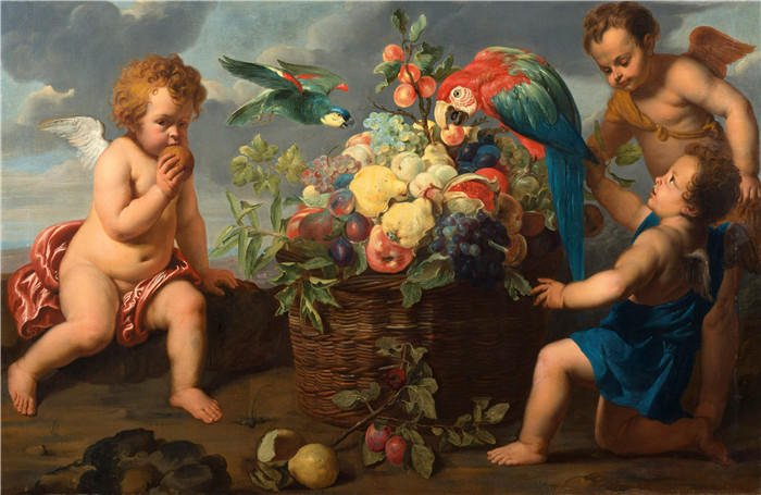 《三只鹦鹉围着一个果篮》伊拉斯谟·奎利努斯二世（Erasmus Quellinus II）的画作-Three Putti around a Fruit Basket with Parrots