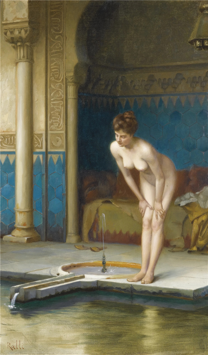 《贝恩女青年》西奥多·雅克·拉利 （Théodore Jacques Ralli） 的画作-Jeune Femme au Bain