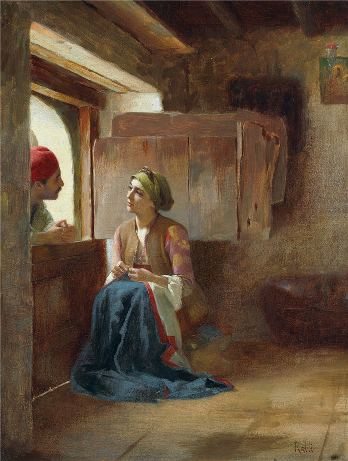 《调情》西奥多·雅克·拉利 （Théodore Jacques Ralli） 的画作-Flirting at Megara