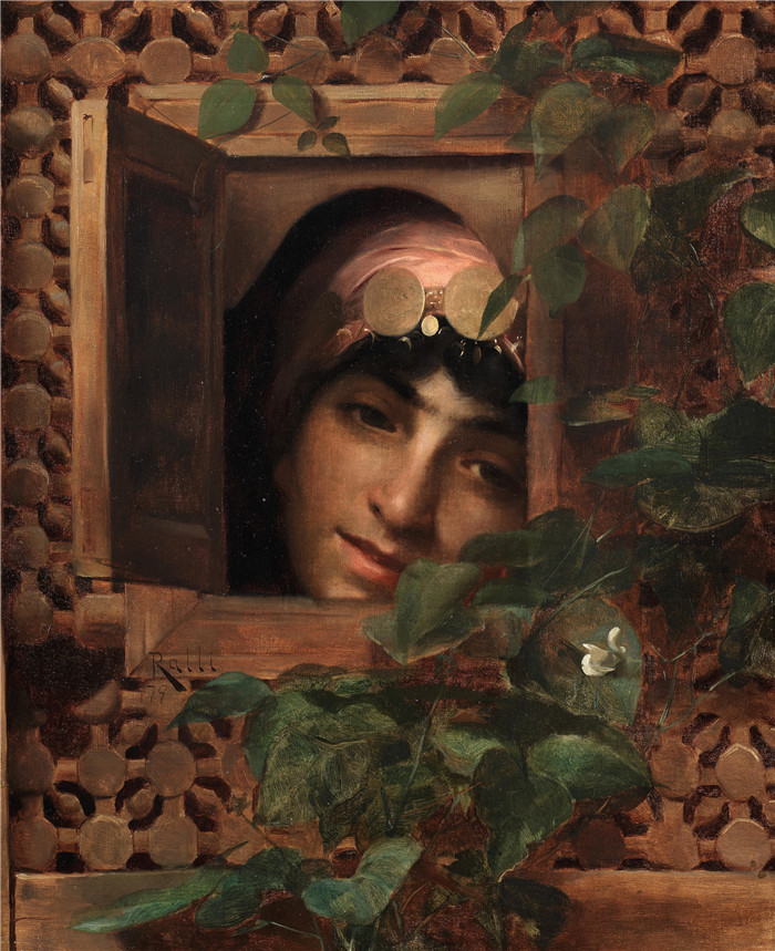 《窗前的东方女人》西奥多·雅克·拉利 （Théodore Jacques Ralli） 的画作-An Oriental Woman at a Window
