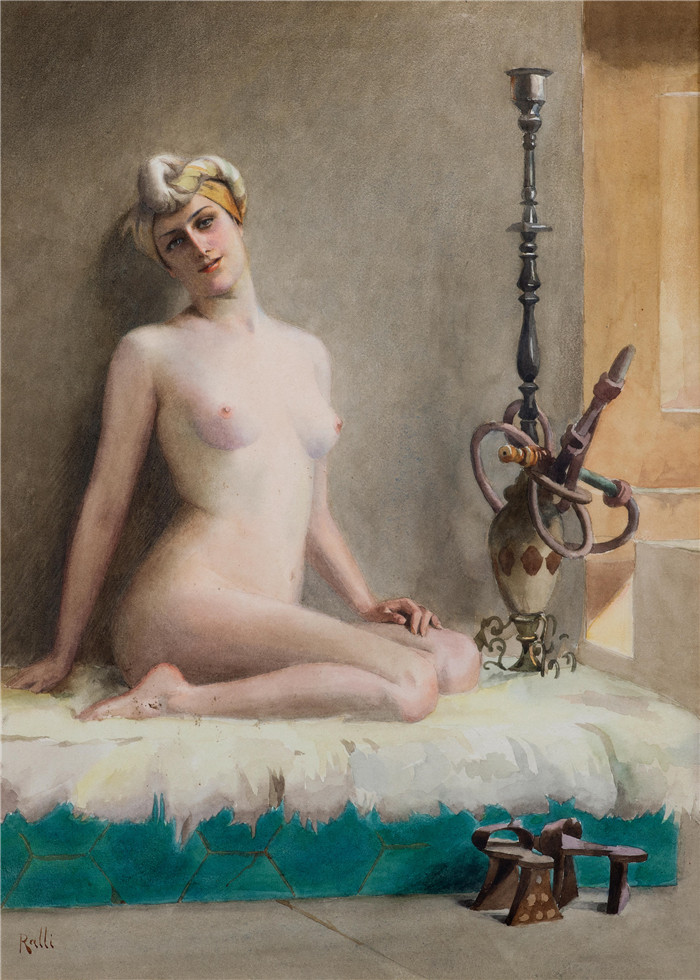 《沐浴后的女佣》西奥多·雅克·拉利 （Théodore Jacques Ralli） 的画作-Odalisque Après le Bain