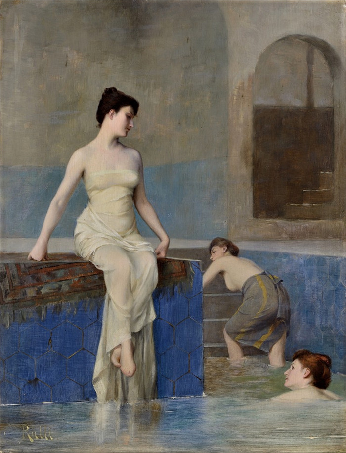 《三个女人在土耳其浴室》西奥多·雅克·拉利 （Théodore Jacques Ralli） 的画作-Three Women in a Hammam