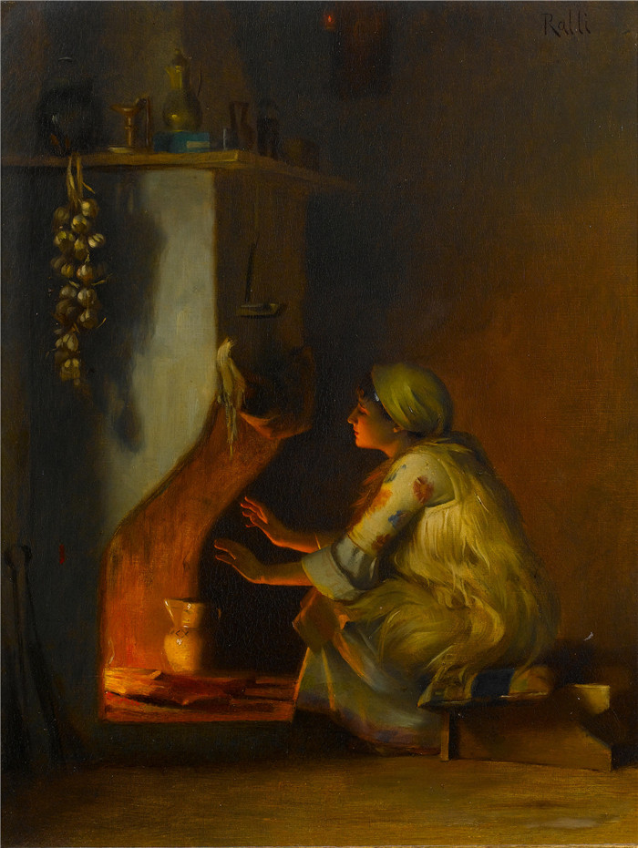 《火旁的年轻女孩》西奥多·雅克·拉利 （Théodore Jacques Ralli） 的画作-Young Girl by a Fire