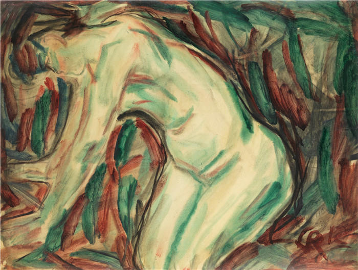 《跪下的女人》克里斯蒂安·罗尔夫斯（Christian Rohlfs）油画-Kniender weiblicher Akt 1912