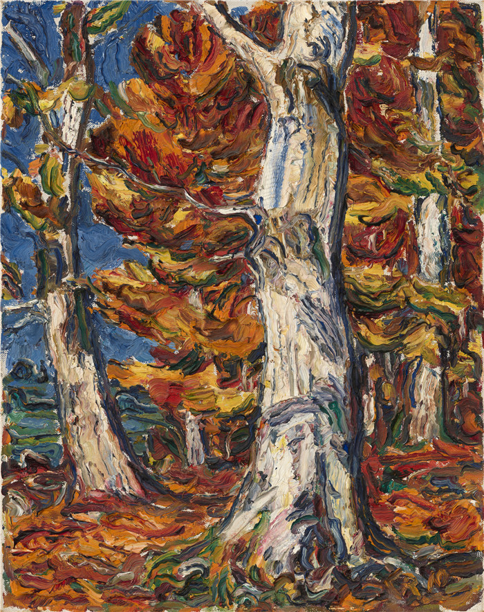 《秋日白桦》克里斯蒂安·罗尔夫斯（Christian Rohlfs）油画-Weiße Birken im Herbst 1910
