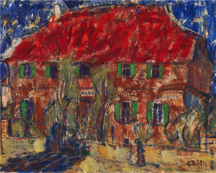《红屋顶的房子》克里斯蒂安·罗尔夫斯（Christian Rohlfs）油画-House with a Red Roof