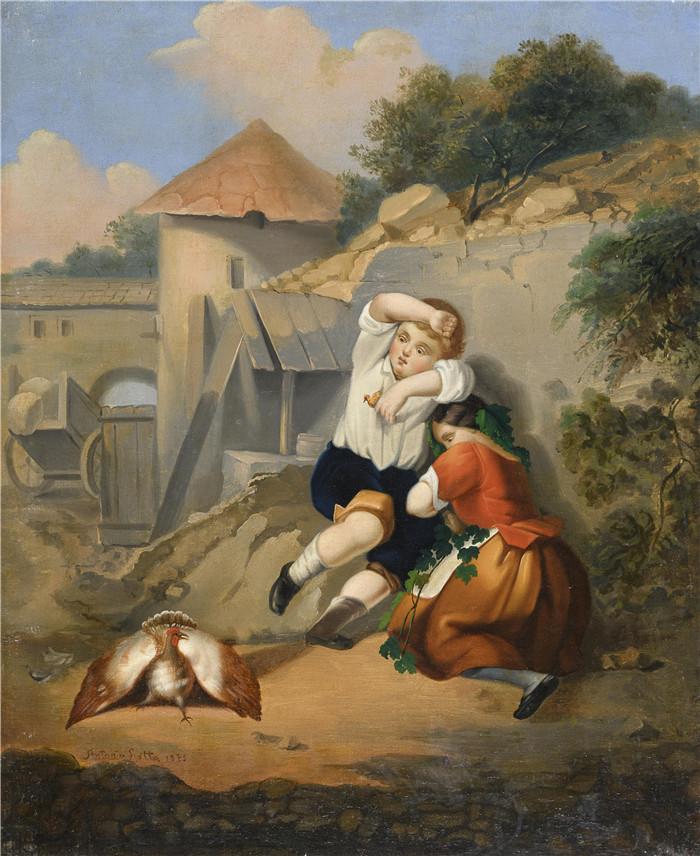 《被孔雀吓倒的孩子》安东尼奥·罗塔（Antonio Rotta）作品-Bambini spaventati da un pavone, 1875