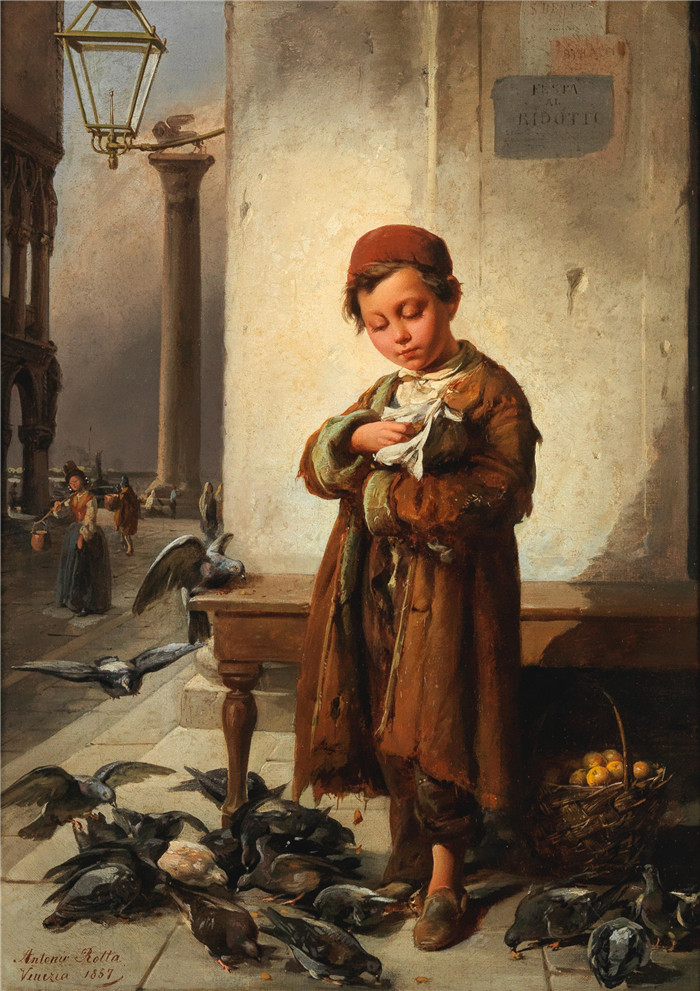 《喂鸟》安东尼奥·罗塔（Antonio Rotta）作品-Feeding the birds (Venice, 1857)