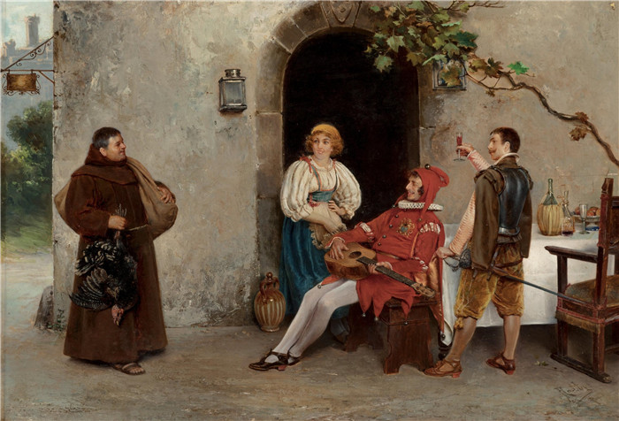 《修士的拜访》安东尼奥·罗塔（Antonio Rotta）作品-A visit from the friar, oil on panel, 34.9x50.2 cm