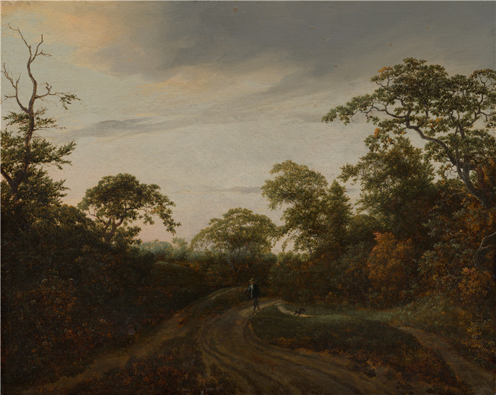 《黄昏时分穿过树林景观的路》雅各布·范·鲁伊斯黛尔（Jacob van Ruisdael）油画-Road through a Wooded Landscape at Twilight