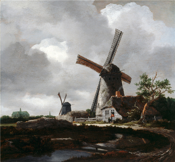 《哈勒姆附近的风车景观》雅各布·范·鲁伊斯黛尔（Jacob van Ruisdael）油画-Landscape with Windmills near Haarlem