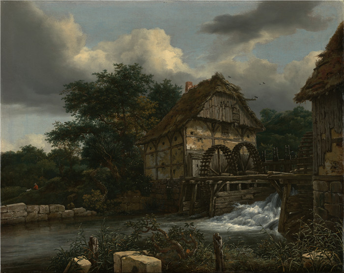 《两个水车和一个开放式水闸》雅各布·范·鲁伊斯黛尔（Jacob van Ruisdael）油画-Two Watermills and an Open Sluice