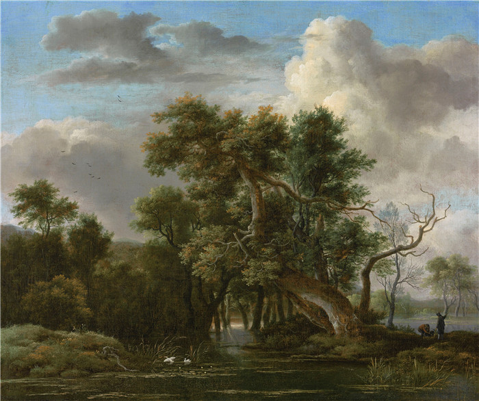 《林地游泳池》雅各布·范·鲁伊斯黛尔（Jacob van Ruisdael）油画-A Woodland Pool