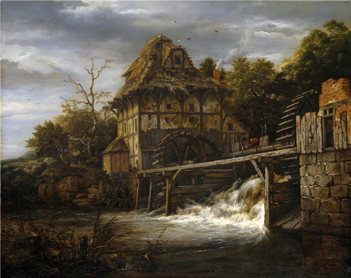 《两个水下磨坊》雅各布·范·鲁伊斯黛尔（Jacob van Ruisdael）油画-Two Undershot Watermills with Men Opening a Sluice