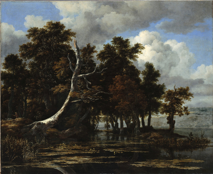 《湖边有睡莲的橡树》雅各布·范·鲁伊斯黛尔（Jacob van Ruisdael）油画-Oaks at a lake with Water Lilies