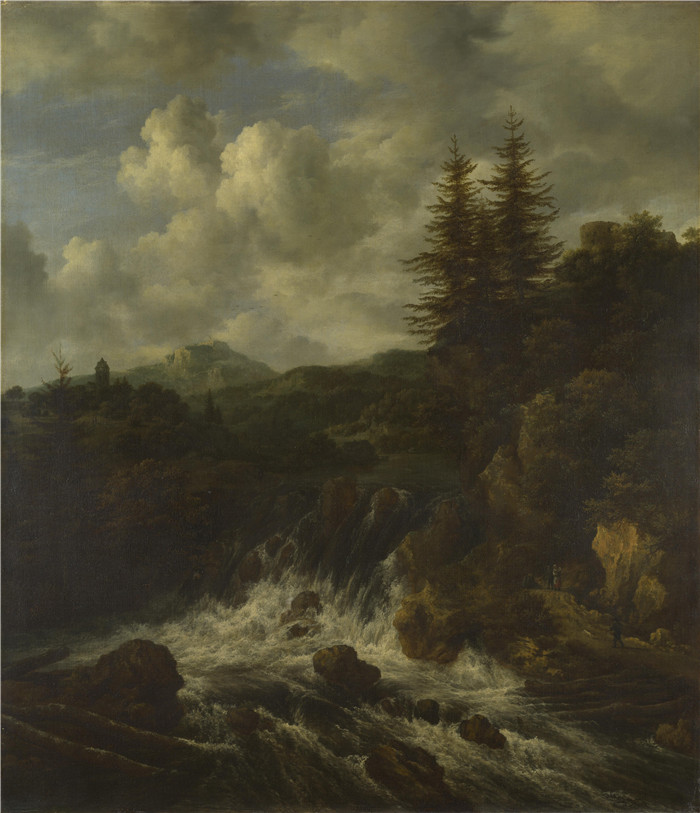 《瀑布和山上城堡的风景》雅各布·范·鲁伊斯黛尔（Jacob van Ruisdael）油画-A Landscape with a Waterfall and a Castle on a Hill