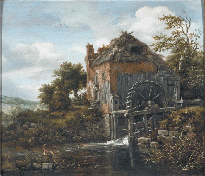 《农场附近的水磨》雅各布·范·鲁伊斯黛尔（Jacob van Ruisdael）油画-Water mill near a farm