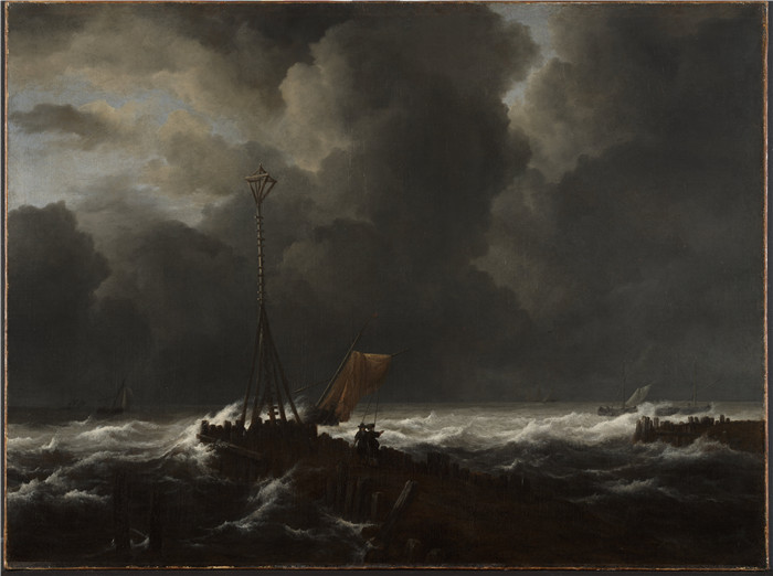 《码头上的波涛汹涌的大海》雅各布·范·鲁伊斯黛尔（Jacob van Ruisdael）油画-Rough Sea at a Jetty