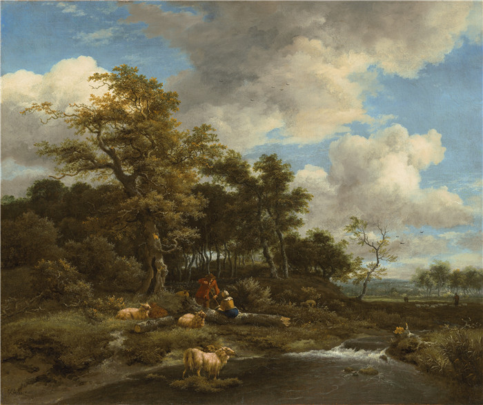 《一片树木繁茂的河流景观》雅各布·范·鲁伊斯黛尔（Jacob van Ruisdael）油画-A woody river landscape with shepherds and their floc