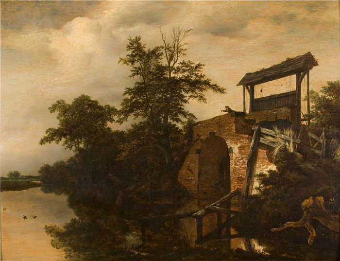 《它离开（射击）》雅各布·范·鲁伊斯黛尔（Jacob van Ruisdael）油画-Het verlaat (de schutsluis)