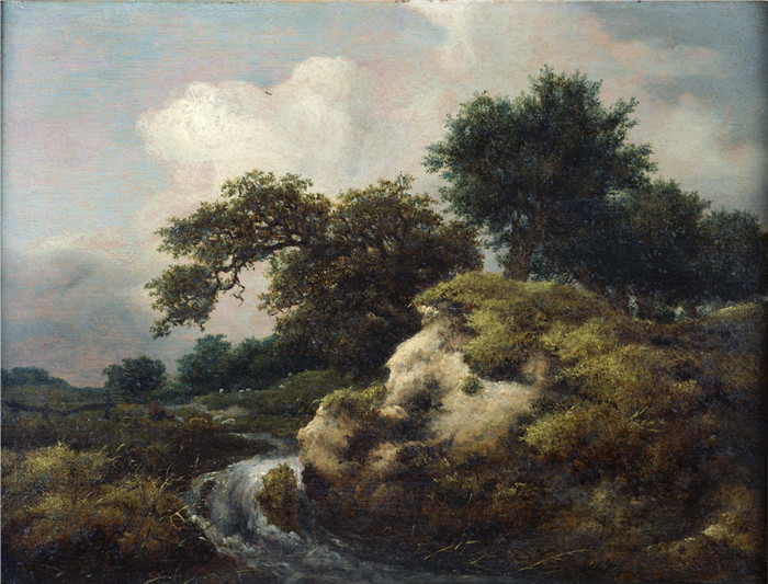 《沙丘和小瀑布景观》雅各布·范·鲁伊斯黛尔（Jacob van Ruisdael）油画-Landscape with Dune and Small Waterfall