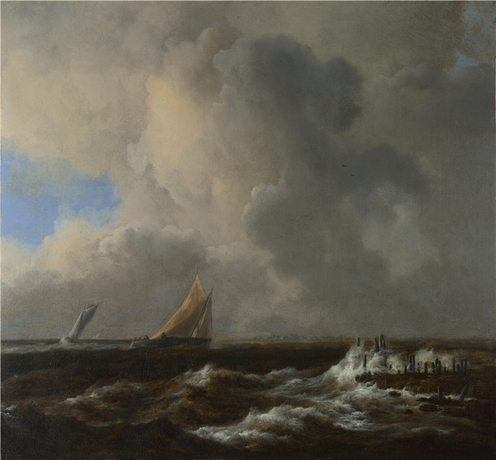 《微风中的船只》雅各布·范·鲁伊斯黛尔（Jacob van Ruisdael）油画-Vessels in a fresh breeze