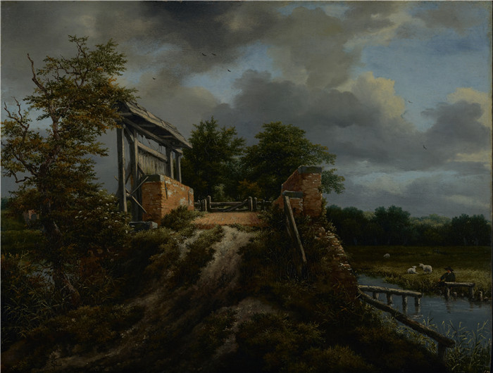《沙丘上的小屋》雅各布·范·鲁伊斯黛尔（Jacob van Ruisdael）油画-Bridge with a Sluice